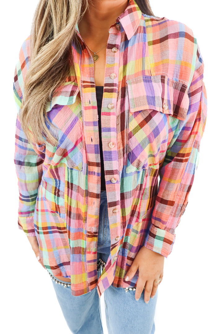 pilcro rainbow plaid button up top (xxs/xs; retail $98)