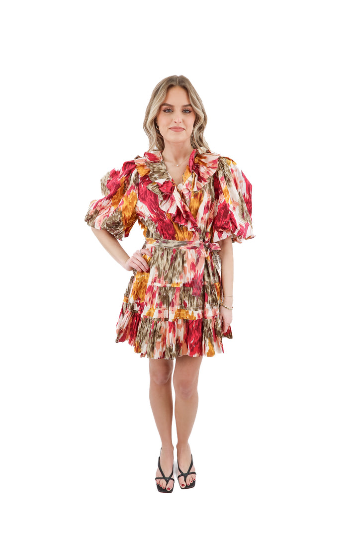 love the label pink/multi puff sleeve mini dress (l; retail $159)