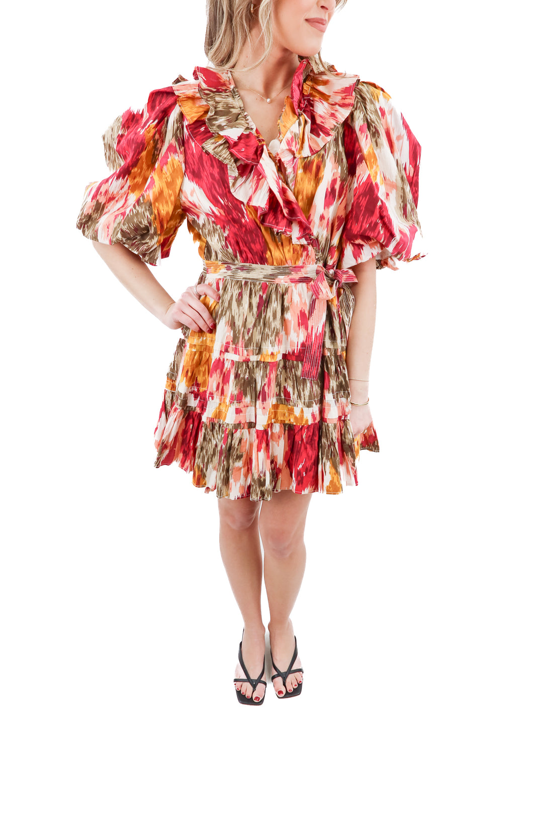 love the label pink/multi puff sleeve mini dress (l; retail $159)