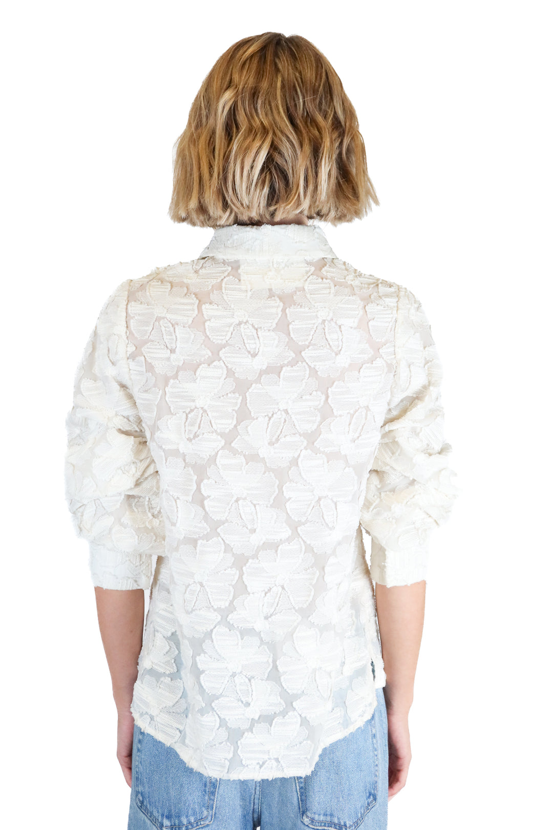 Co Off-White Floral Textured Puff Sleeve Top (XS; retail $595)