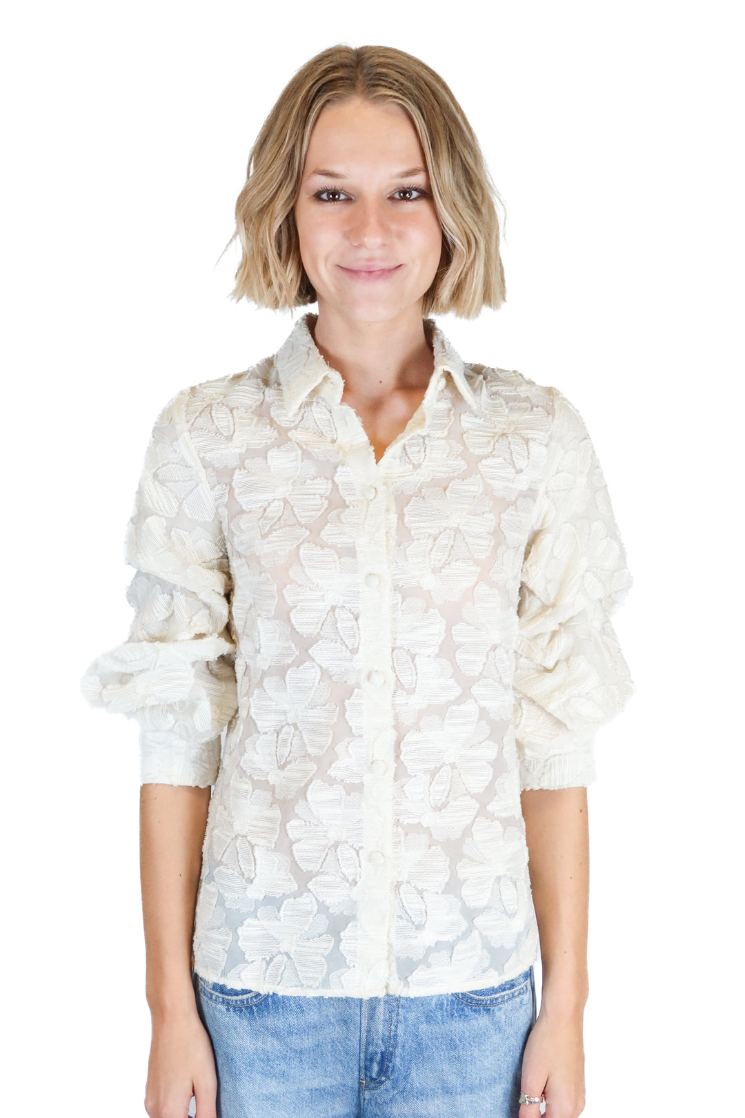 Co Off-White Floral Textured Puff Sleeve Top (XS; retail $595)
