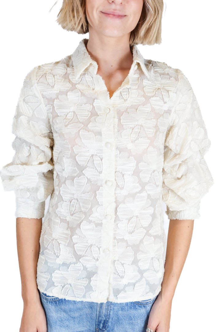 Co Off-White Floral Textured Puff Sleeve Top (XS; retail $595)