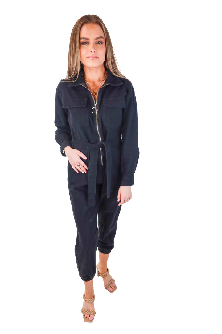 fore black denim jumpsuit (s; retail $218)