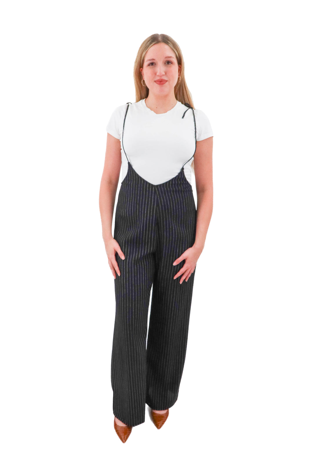 étophe studios black pin stripe jumpsuit (l; retail $72)