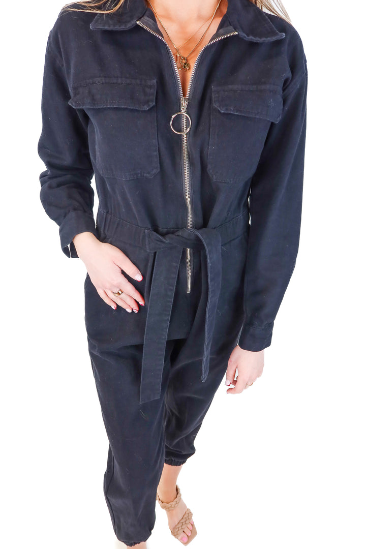 fore black denim jumpsuit (s; retail $218)