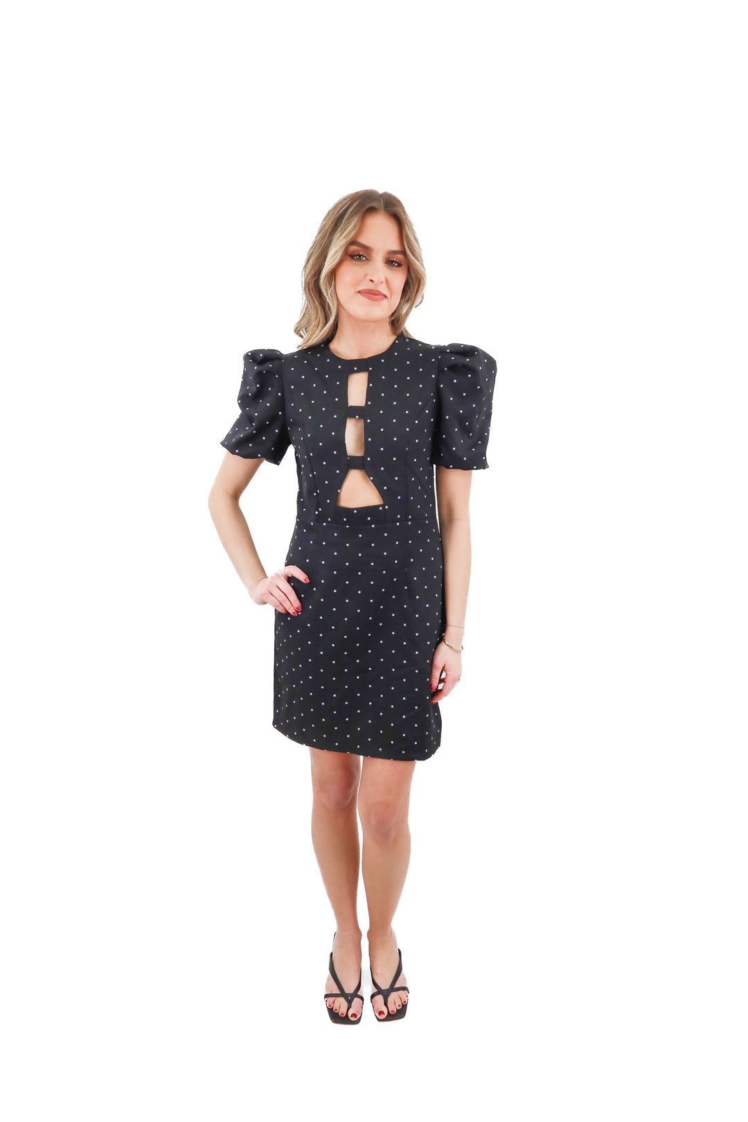 black polka dot cut out knee length dress (s)
