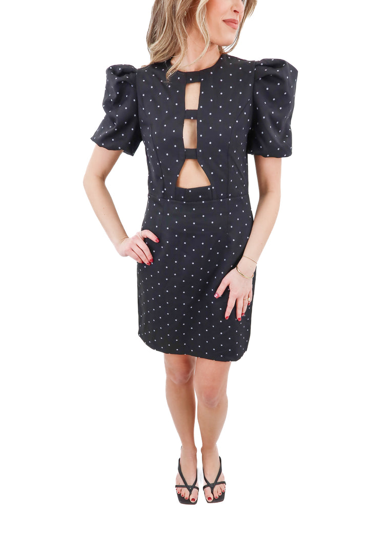 black polka dot cut out knee length dress (s)