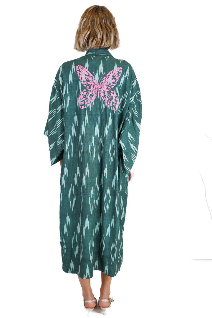Kleed Green and Pink Butterfly Caftan (S/M; retail $383)