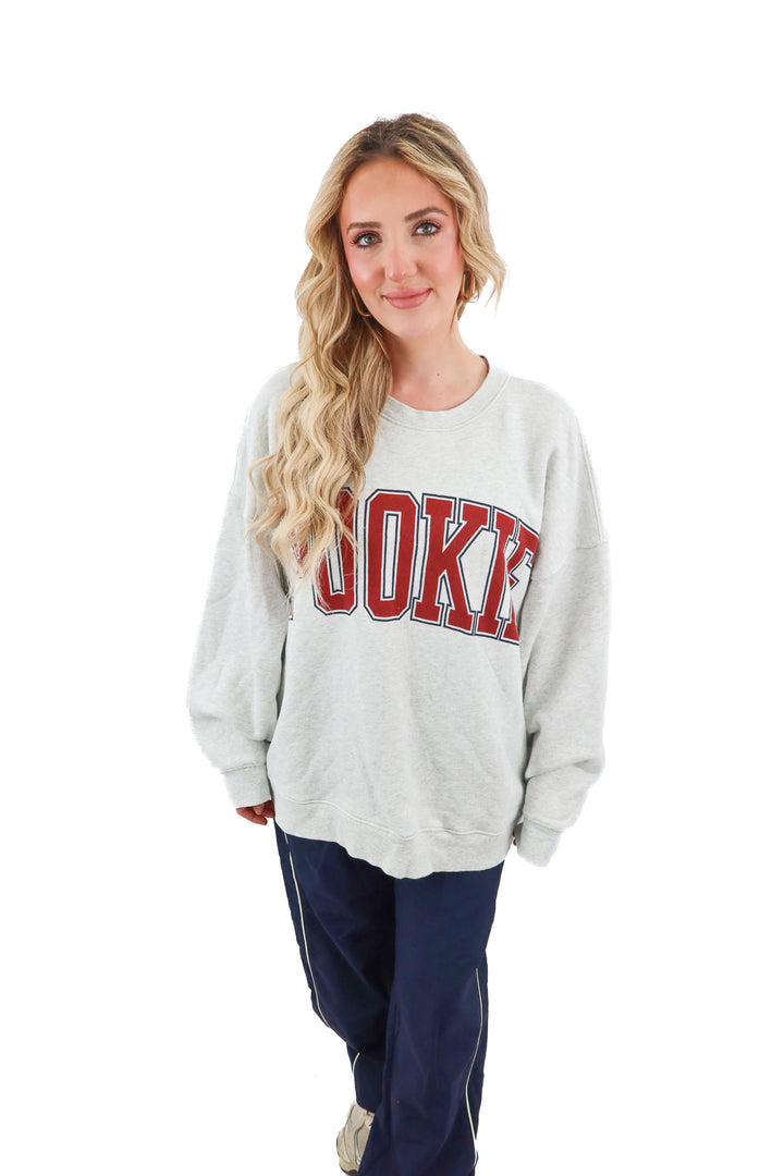 quintessential love grey "pookie" in red sweatshirt (XL; retail $74)