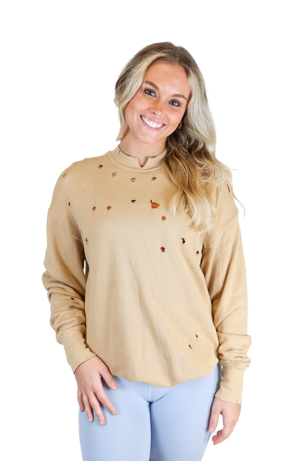 helmut lang tan distressed crewneck (m; retail $295)