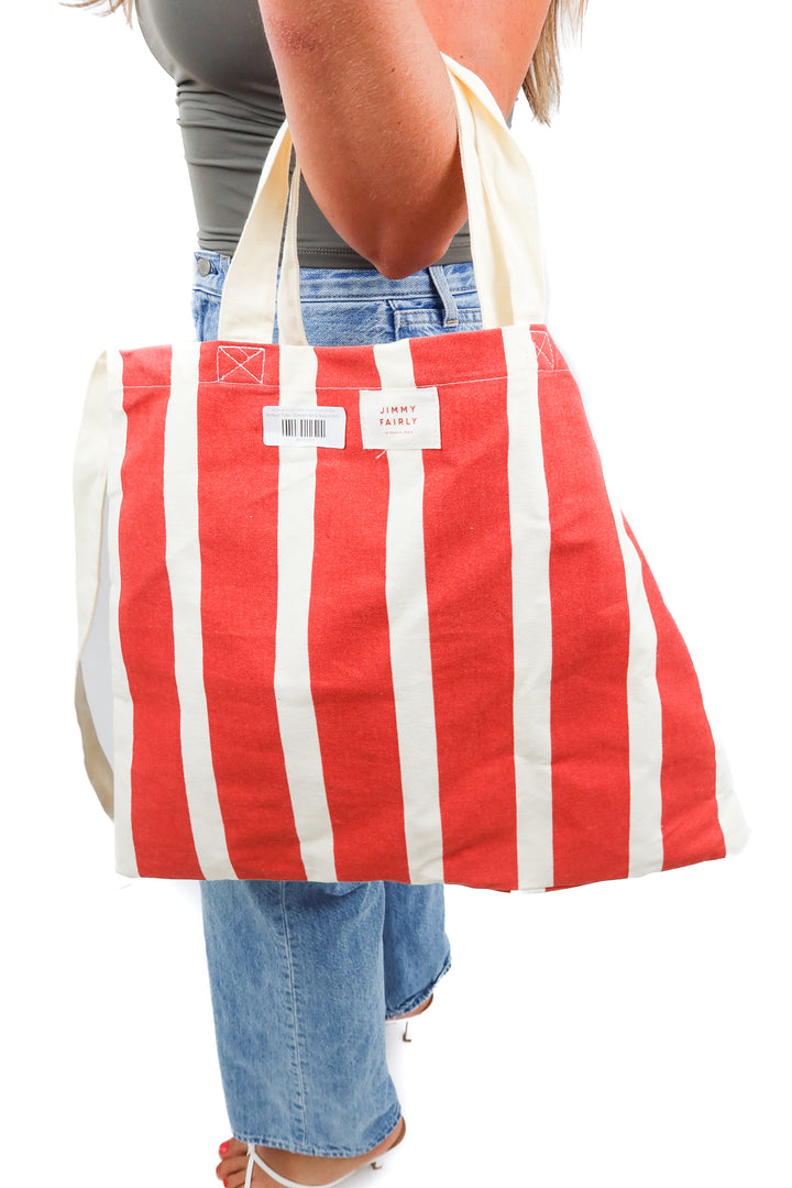 jimmy fairly red cream stripe canvas tote bag