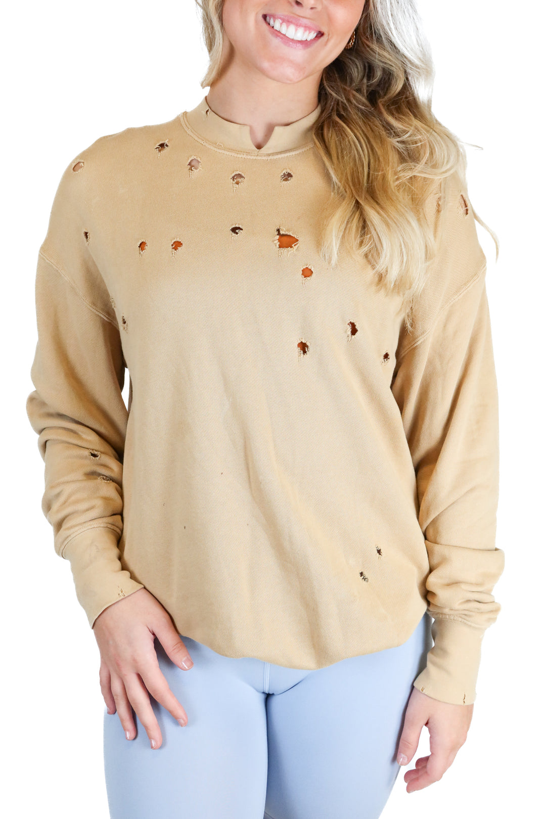 helmut lang tan distressed crewneck (m; retail $295)