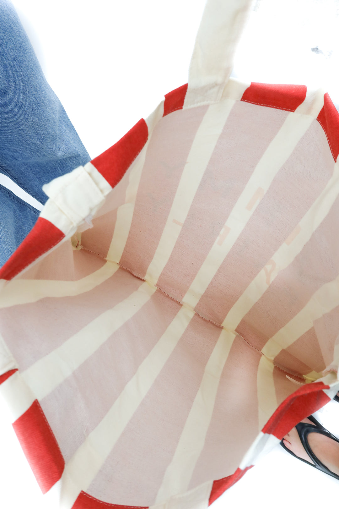 jimmy fairly red cream stripe canvas tote bag