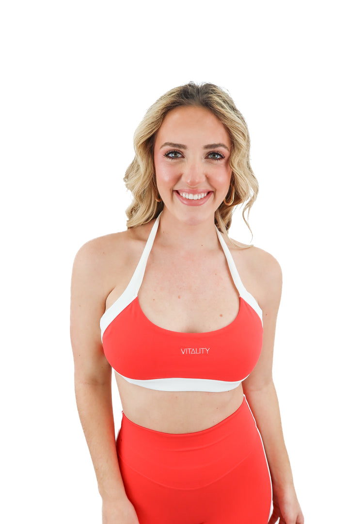 vitality red/white open back sports bra (M; retail $54)