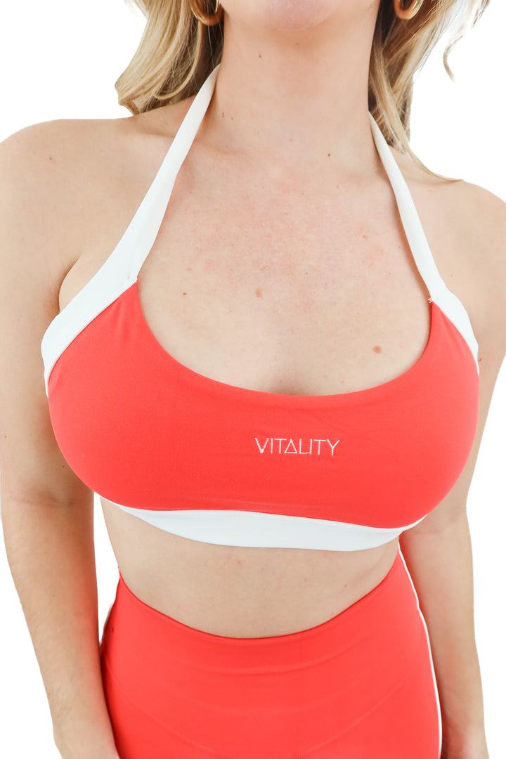 vitality red/white open back sports bra (M; retail $54)