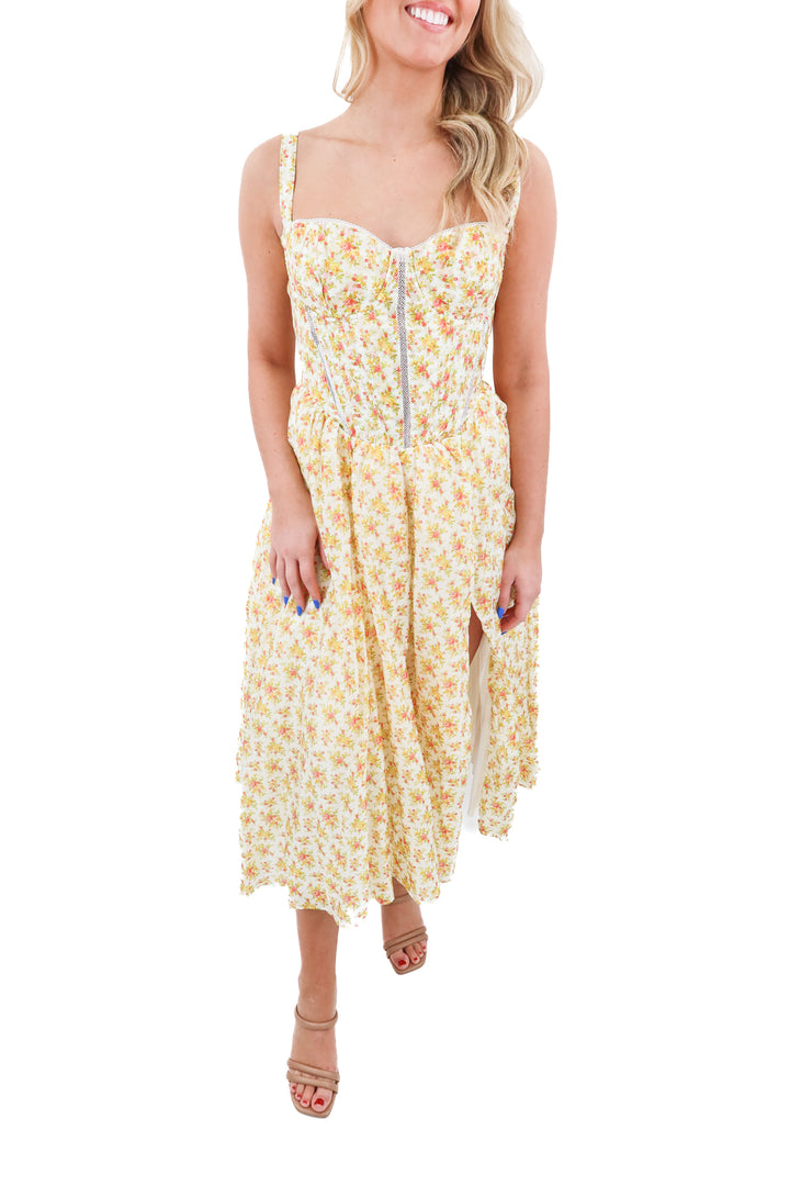 house of cb yellow floral dress NWT (m; retail $299)*