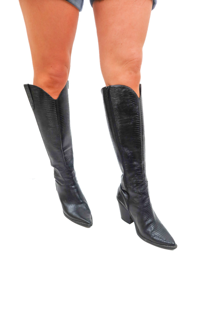AUCTION (BID ONLY) aldo black tall snakeskin boots (9)- ends 8/19 at 8 pm CT