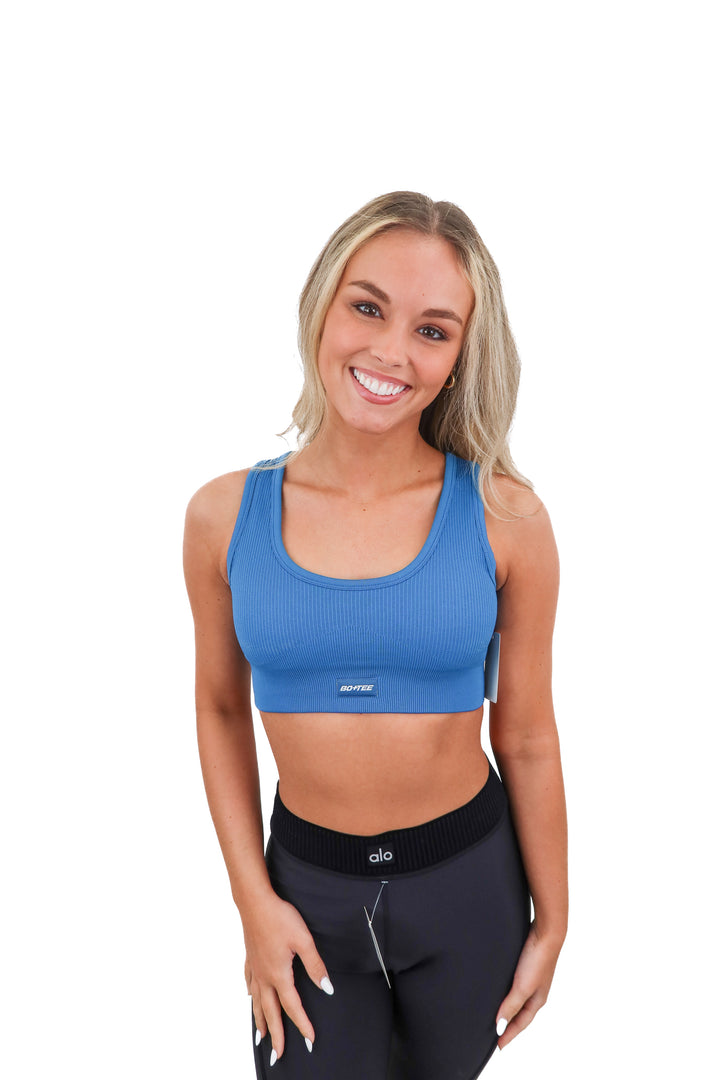 bo+tee blue ribbed sports bra (xs; retail $49)