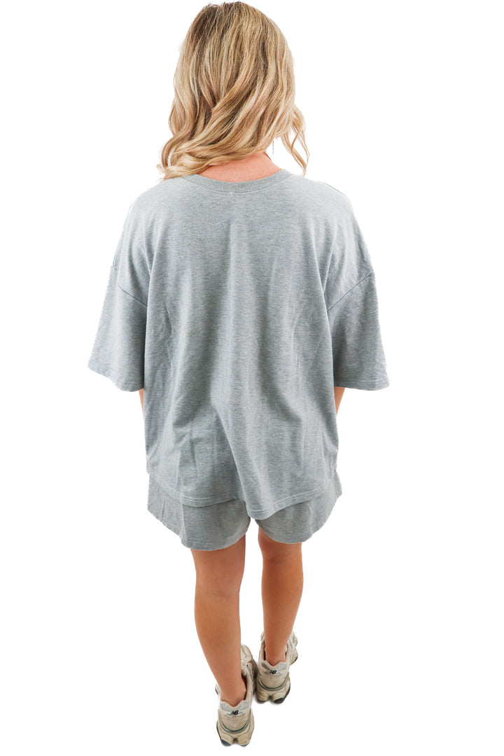 grey loungewear top and shorts set (M; retail $45)
