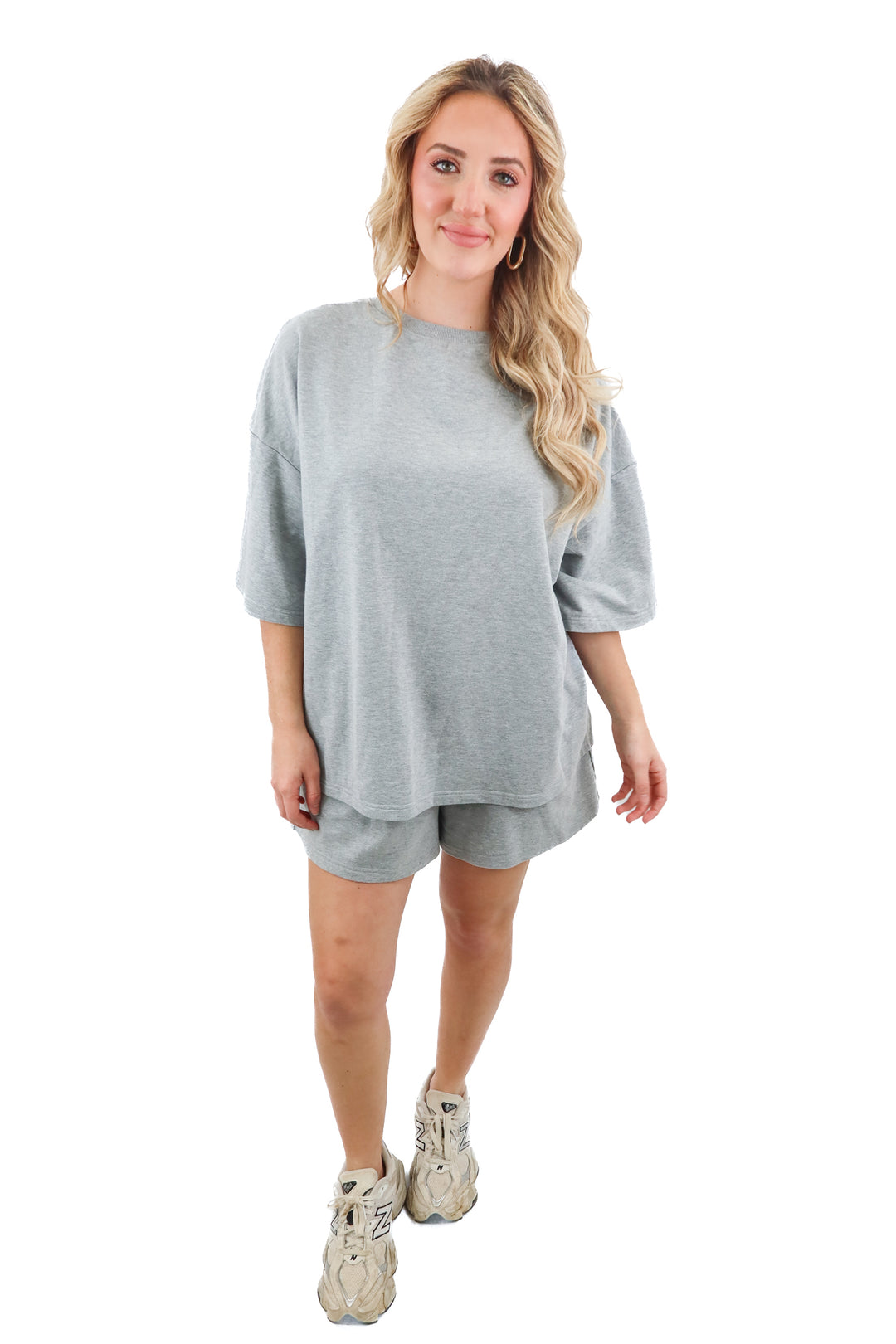 grey loungewear top and shorts set (M; retail $45)
