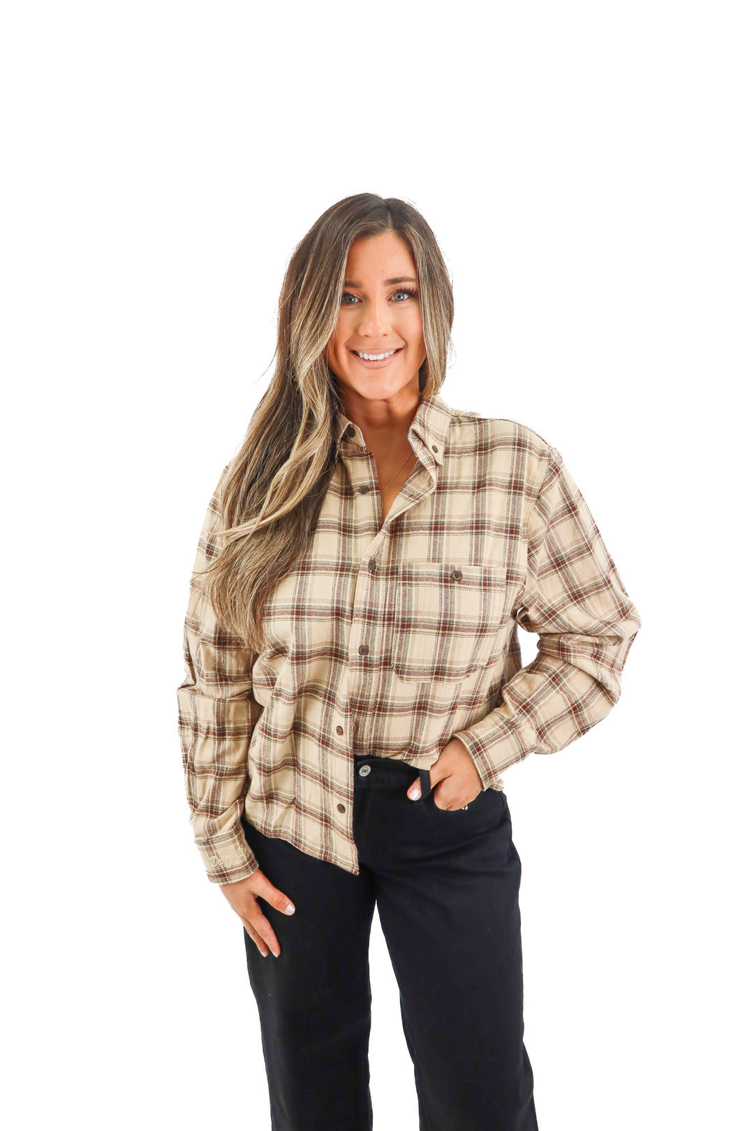 dairy boy brown plaid button down shirt (M/L; retail $65)
