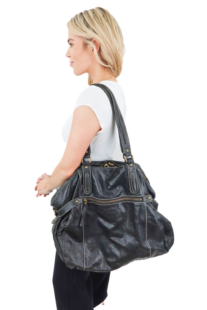 7 for all mankind large black leather bag