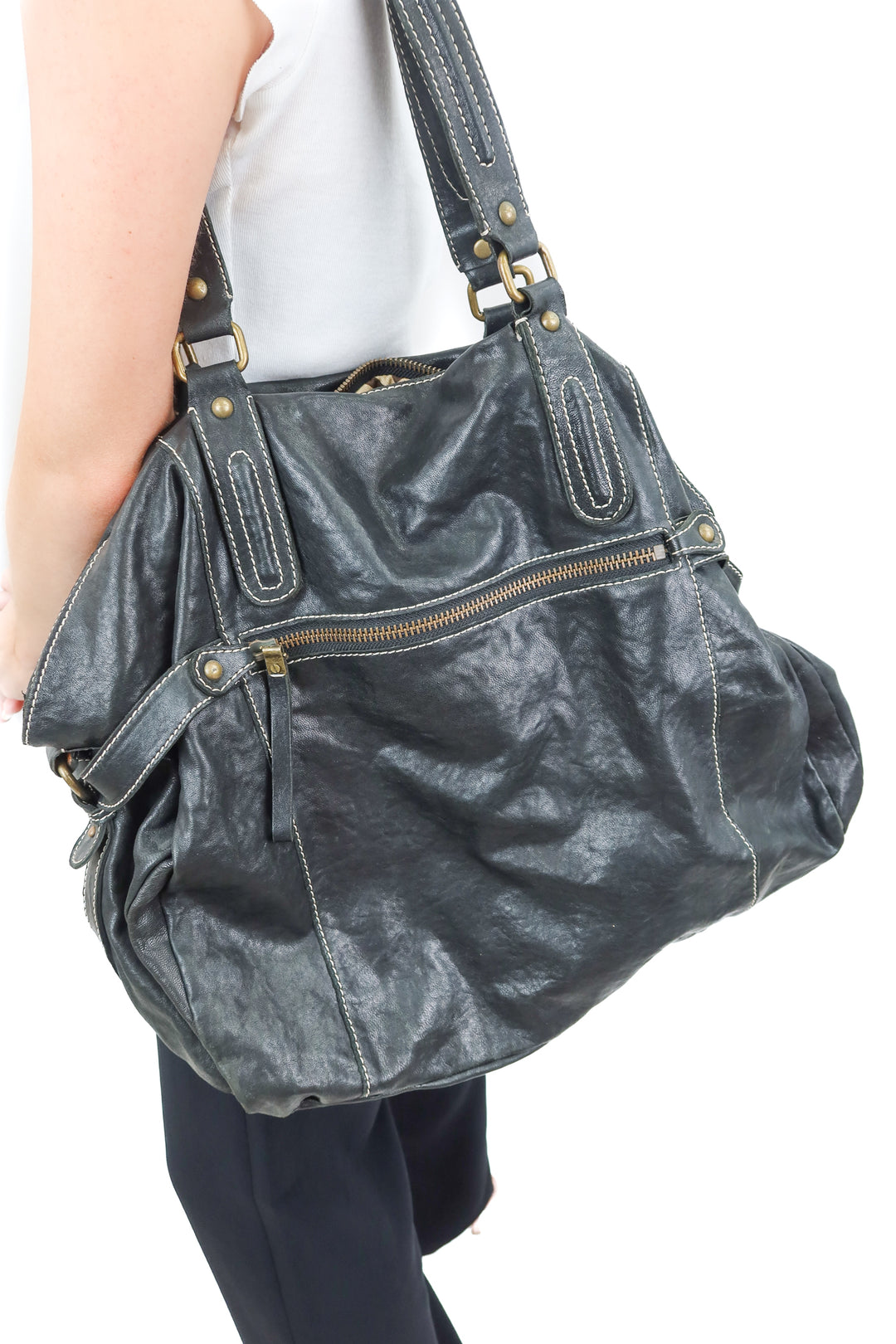 7 for all mankind large black leather bag
