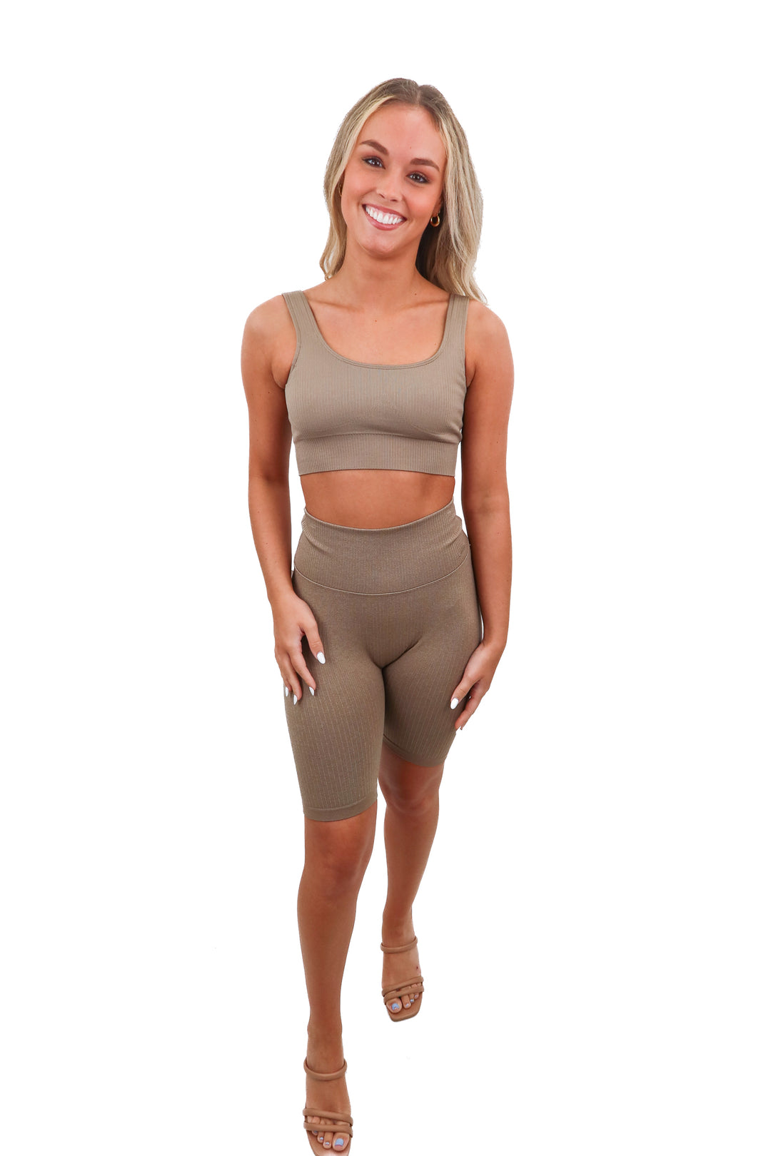 lilias brown active ribbed bra/short set (xs)