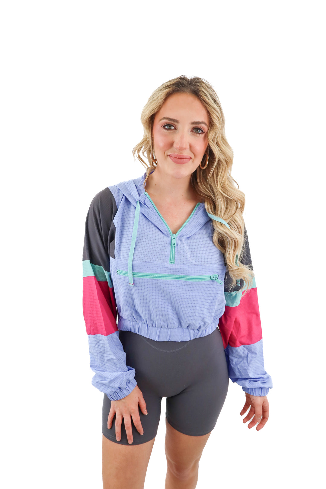 vitality purple colorblock cropped half zip windbreaker (S; retail $82)