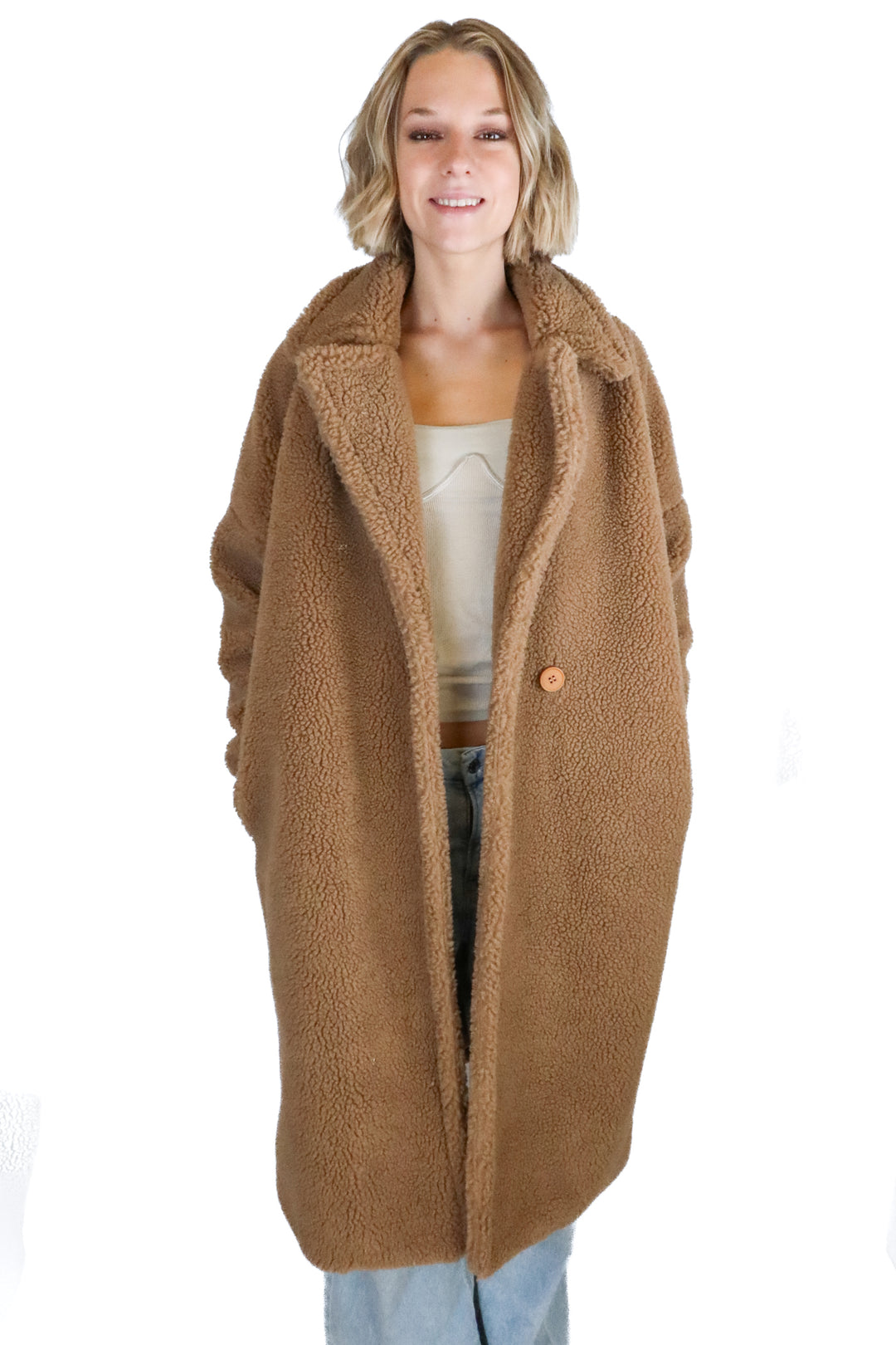 Missguided Light Brown Teddy Coat NWOT (6; retail $69.99)