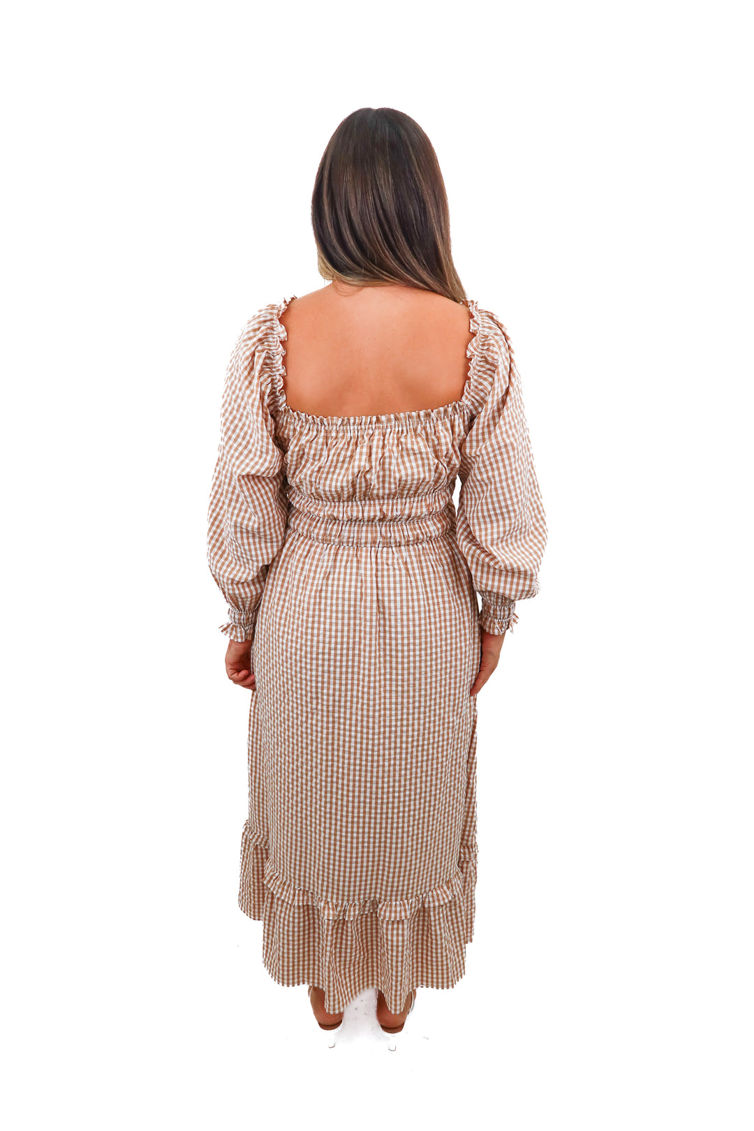 petal + pup brown smocked gingham dress (s)