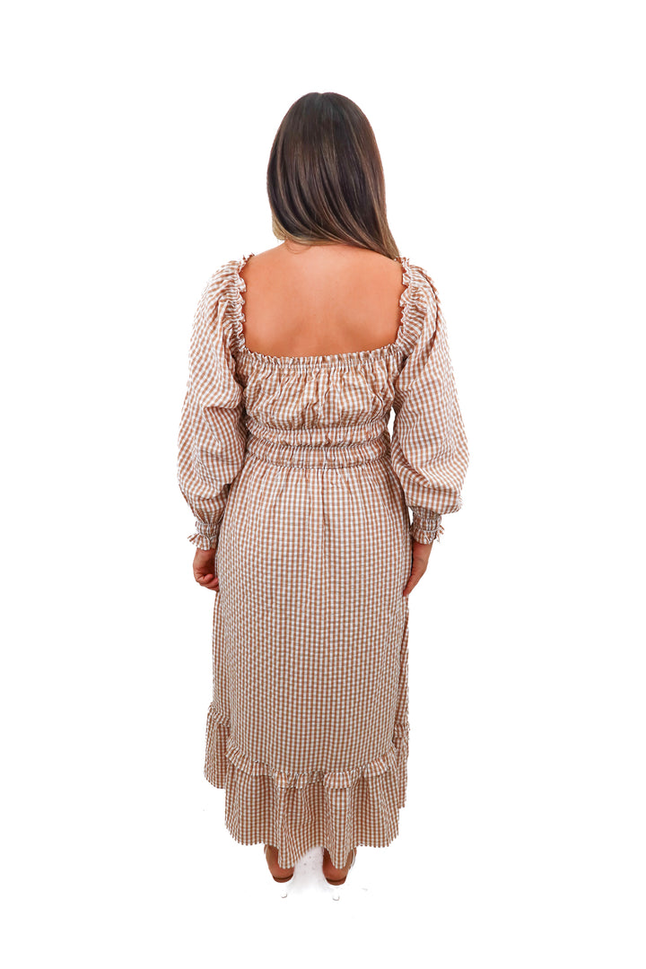 petal + pup brown smocked gingham dress (s)