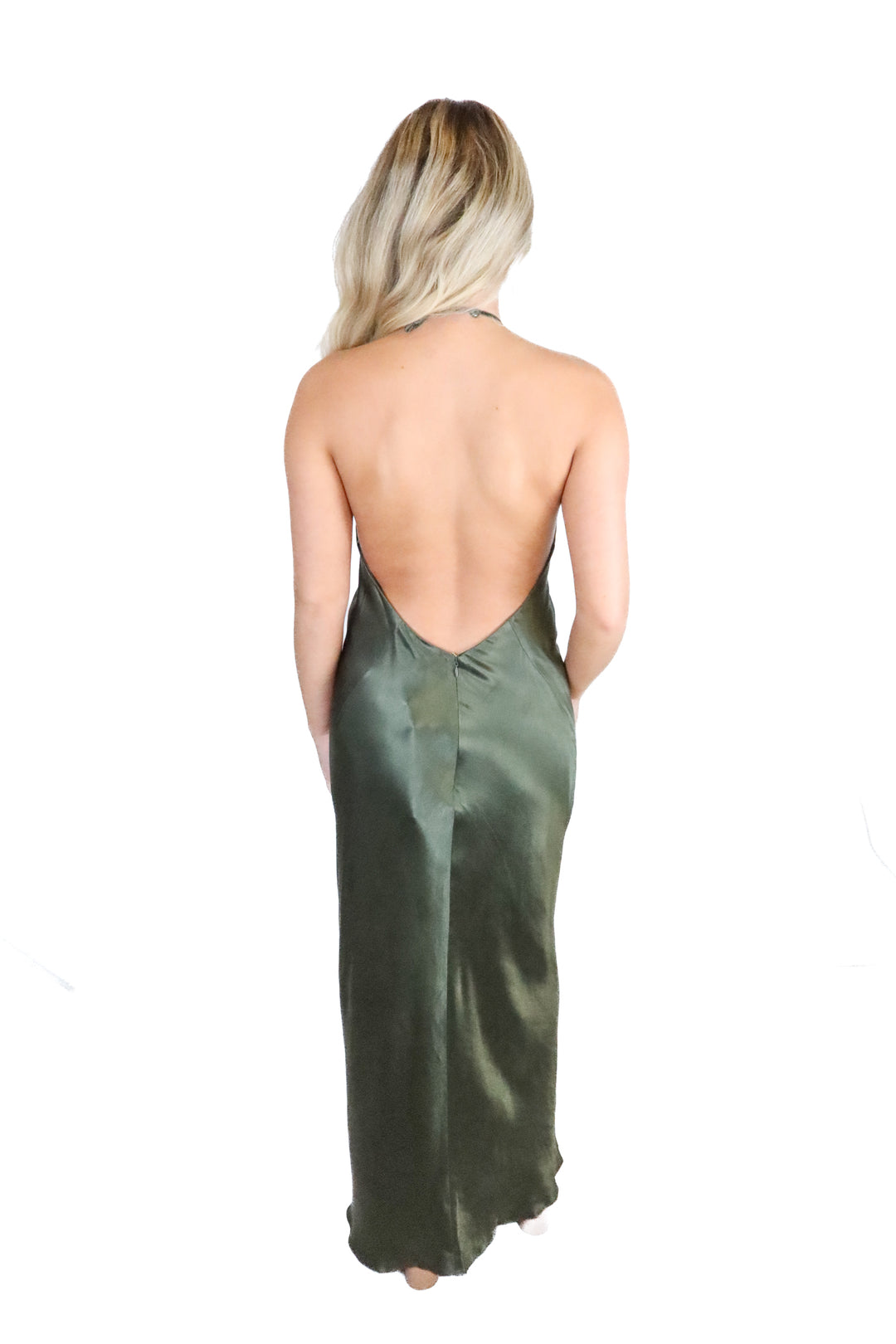 Shona Joy Dark Green Satin Low Back Halter Midi Dress NWT (4; retail $360)