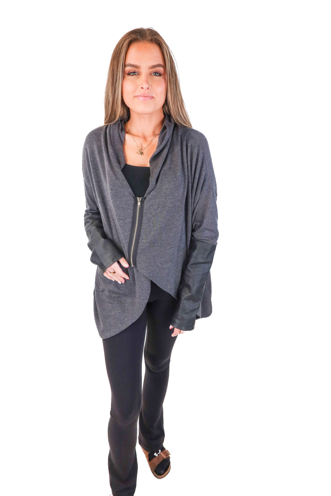 John eshaya grey/faux leather cardigan (o/s)