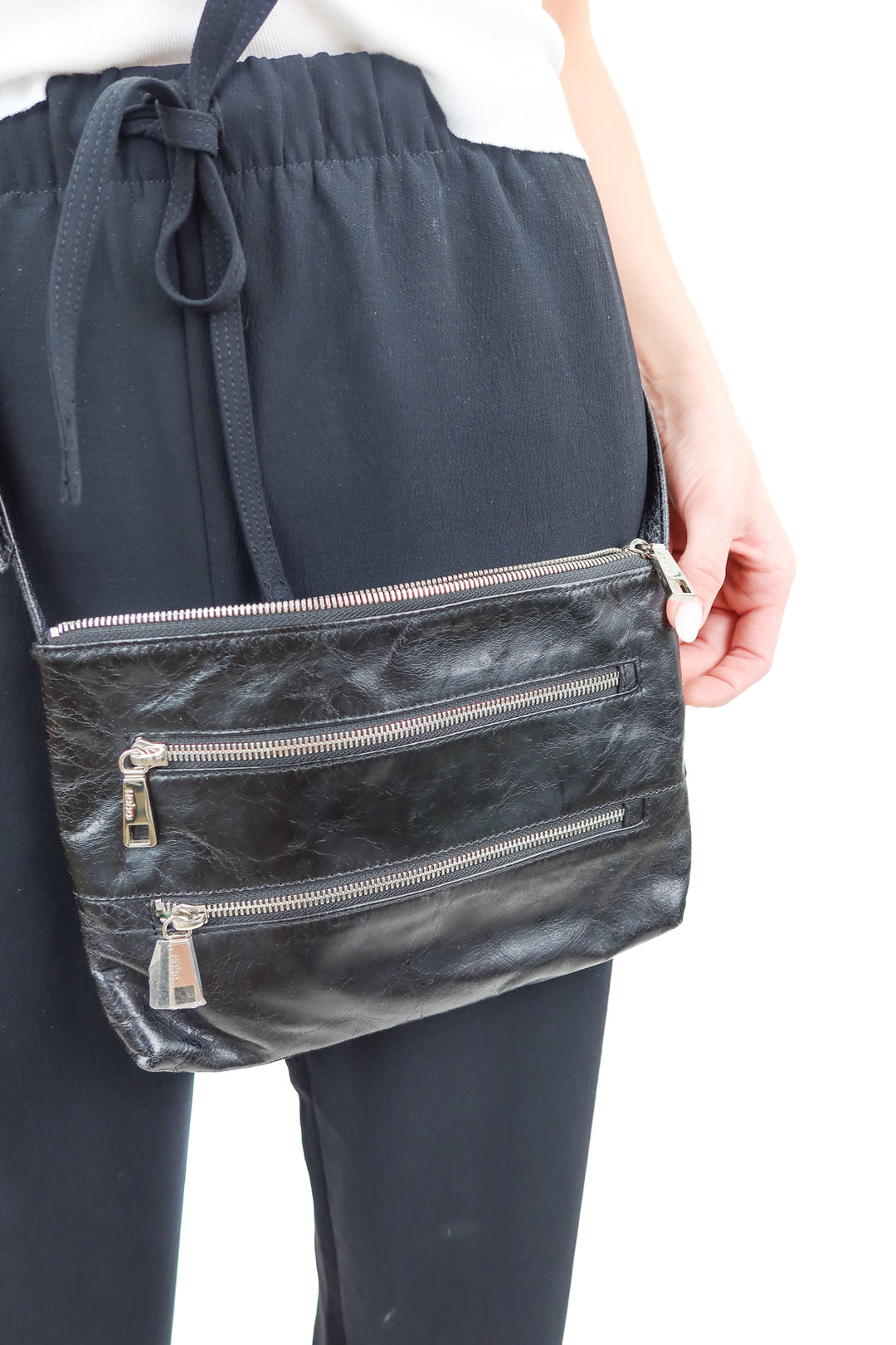 hobo black silver zipper crossbody bag