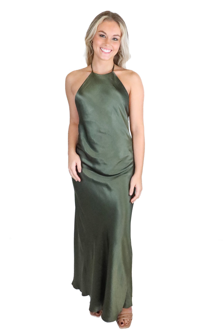 Shona Joy Dark Green Satin Low Back Halter Midi Dress NWT (4; retail $360)