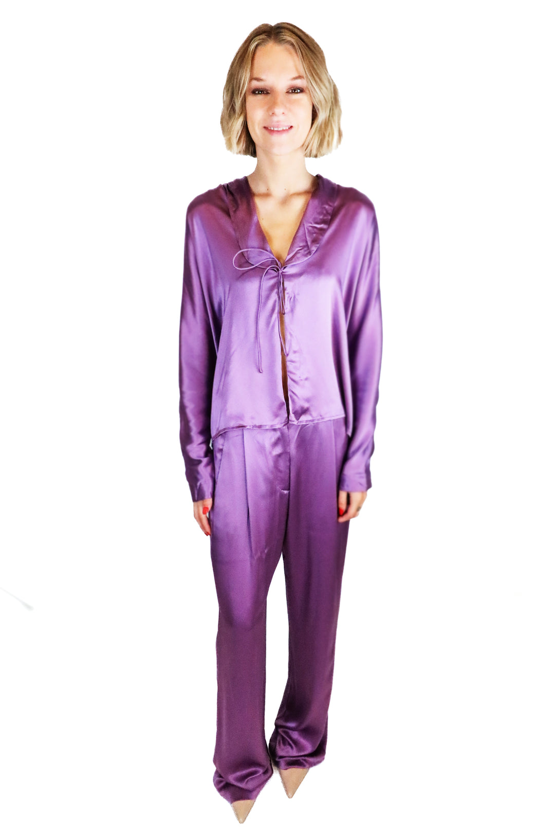 The Sei Purple Satin Open Front Tie Top & Pant Set NWT (2; retail $1,208)