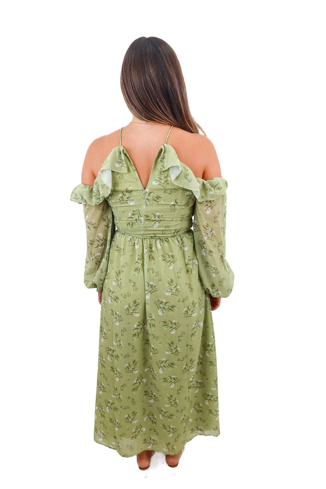 petal + pup green floral cold shoulder maxi dress (m)