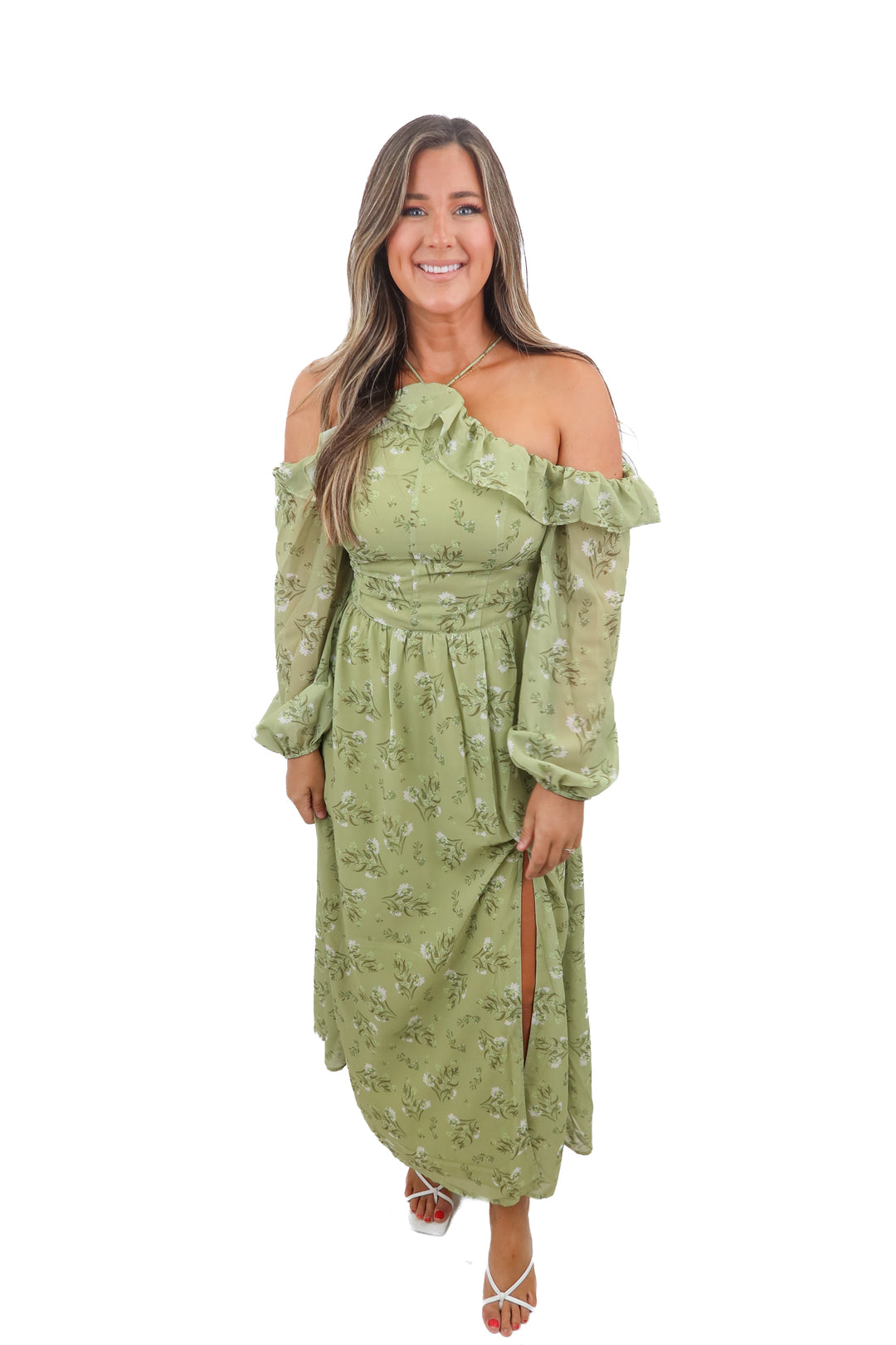 petal + pup green floral cold shoulder maxi dress (m)