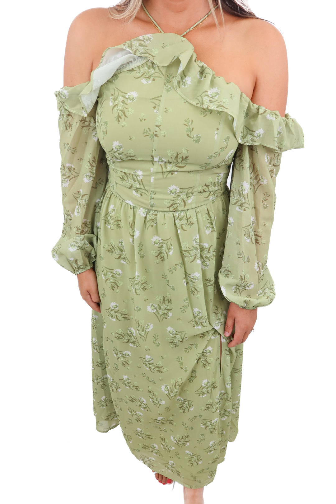 petal + pup green floral cold shoulder maxi dress (m)