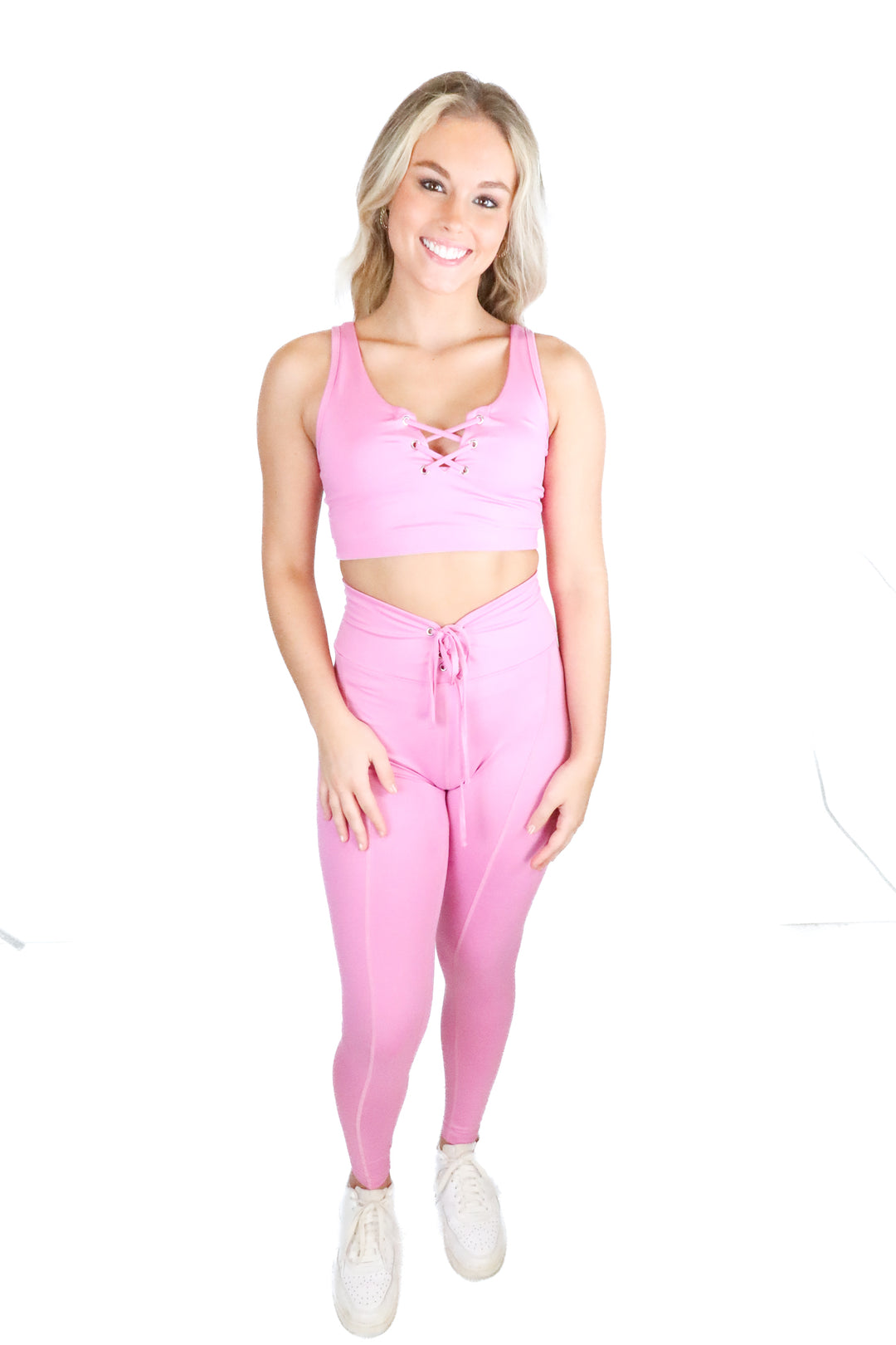 Year of Ours pink lace up workout set (S; retail $225)