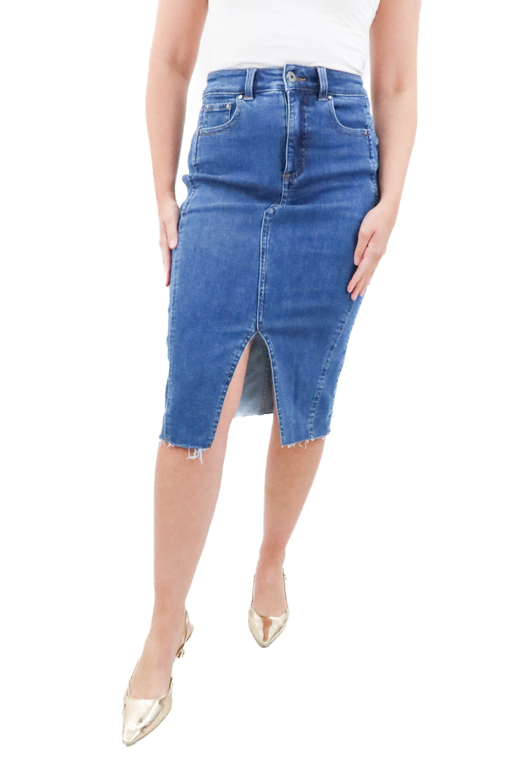 universal standard dark wash denim midi skirt (xxs; retail $138)