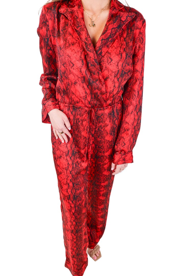 Ronny Kobo red snakeskin jumpsuit (s; retails $525)