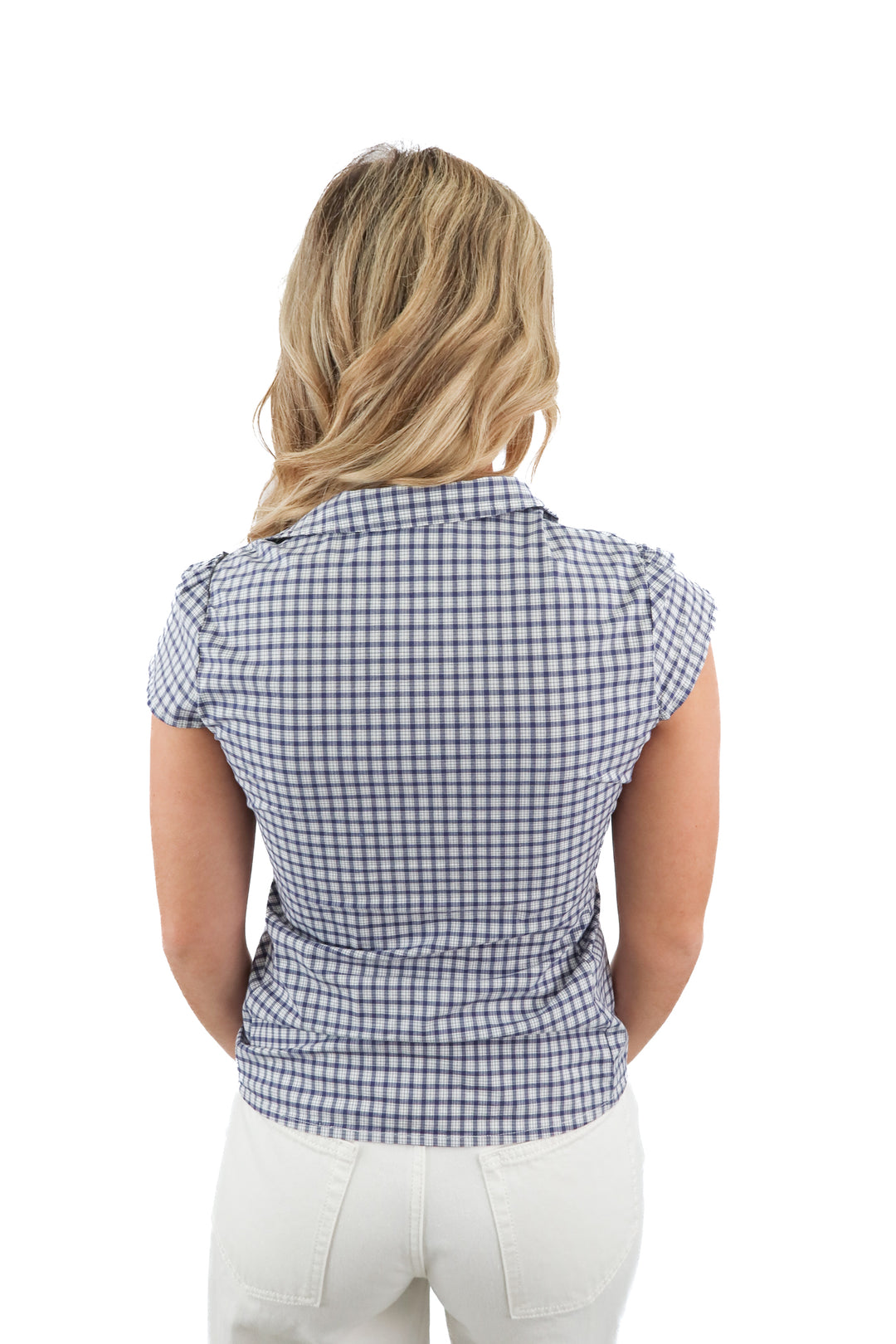 brandy melville blue checkered short sleeve button up (OS; retail $28)