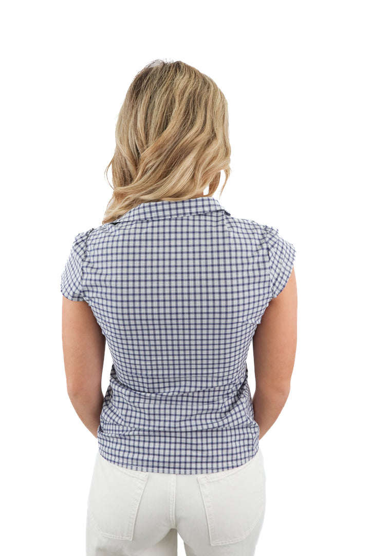 brandy melville blue checkered short sleeve button up (OS; retail $28)