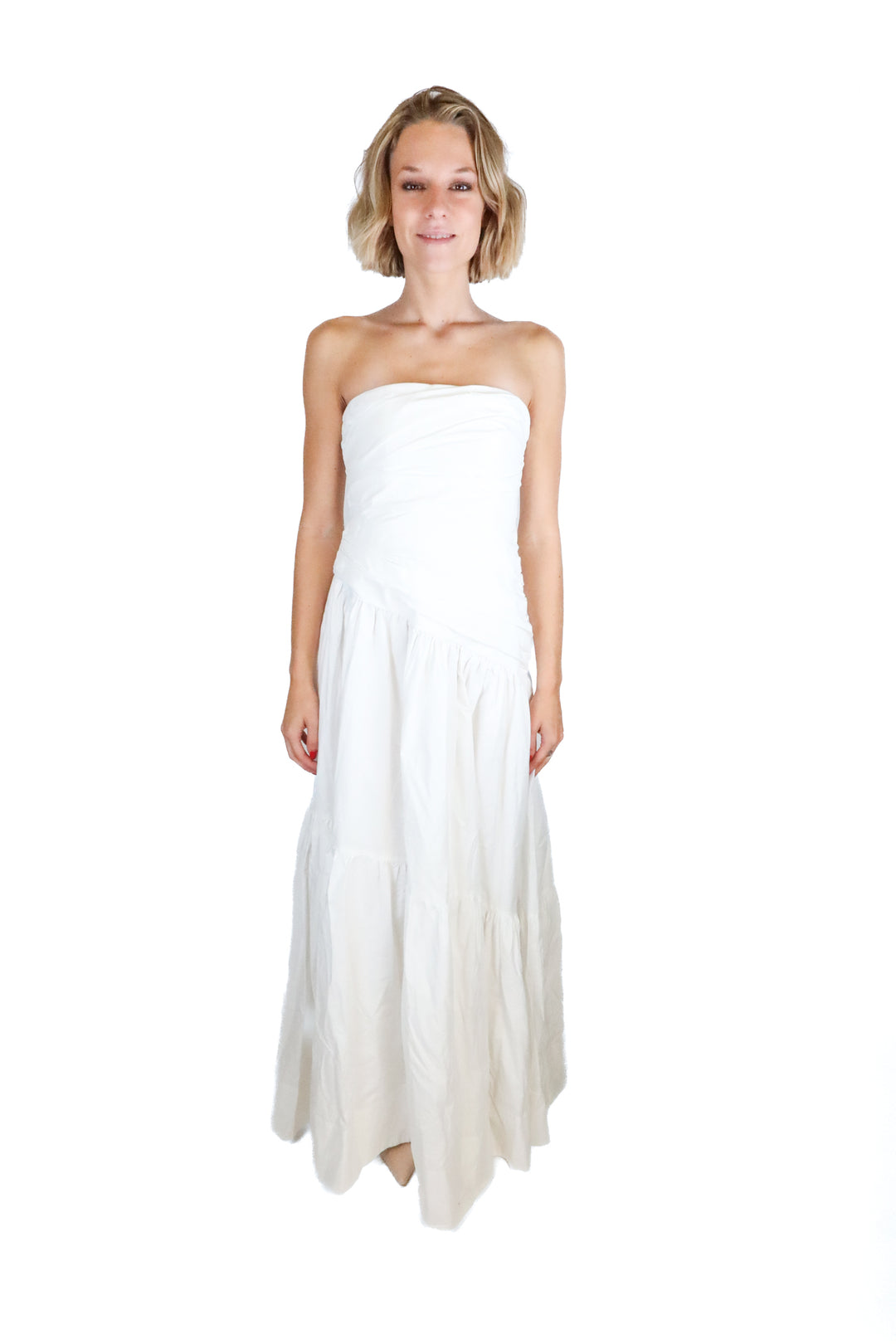 Shonajoy white ruched maxi dress (2; retail $320)