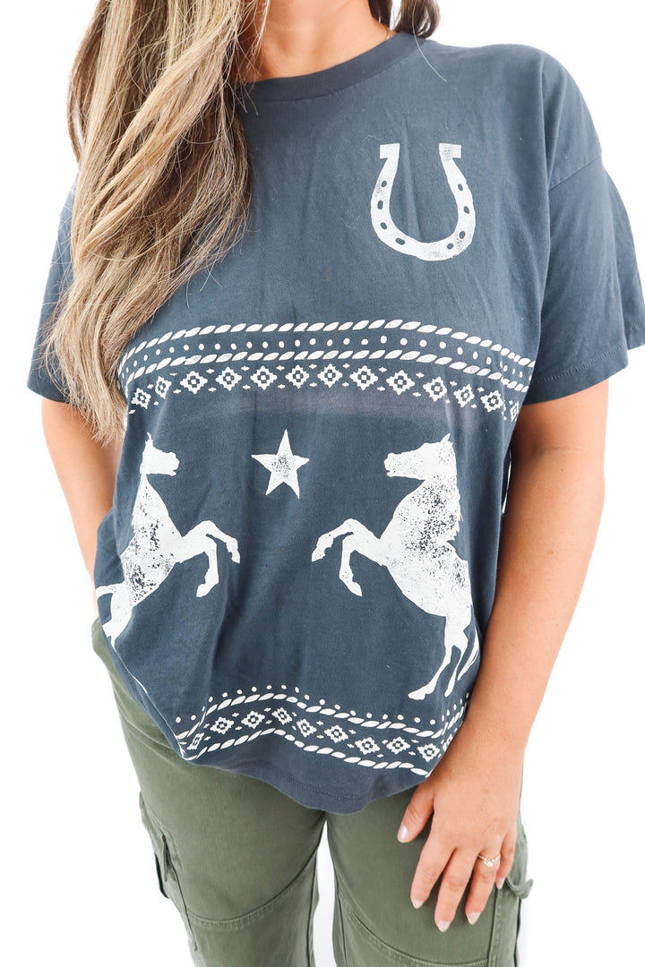 daydreamer navy blue horse/horseshow graphic tee (M; retail $88)