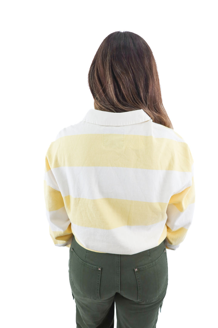 quintessential love yellow/white stripe rugby long sleeve top (M; retail $74)