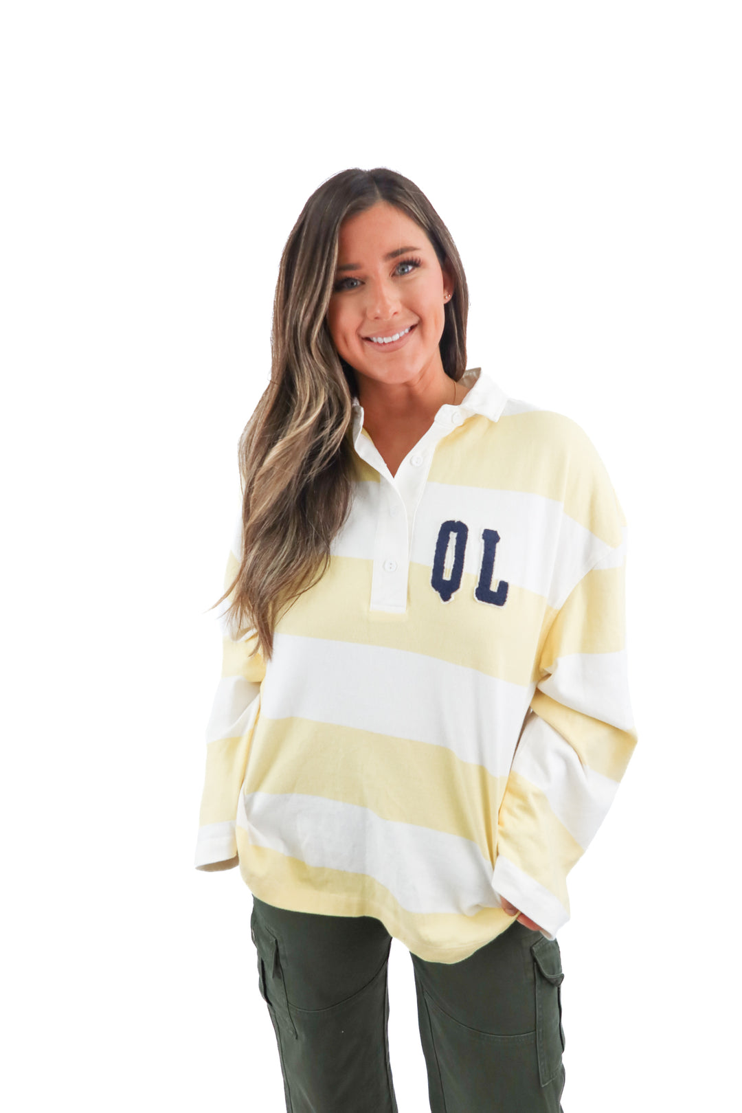 quintessential love yellow/white stripe rugby long sleeve top (M; retail $74)