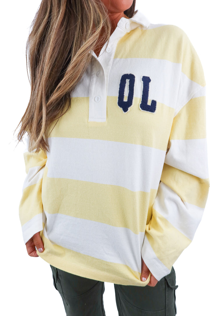 quintessential love yellow/white stripe rugby long sleeve top (M; retail $74)